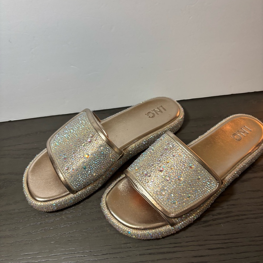 INC International Concepts Silver Rhinestone Slides Size 9 1/2